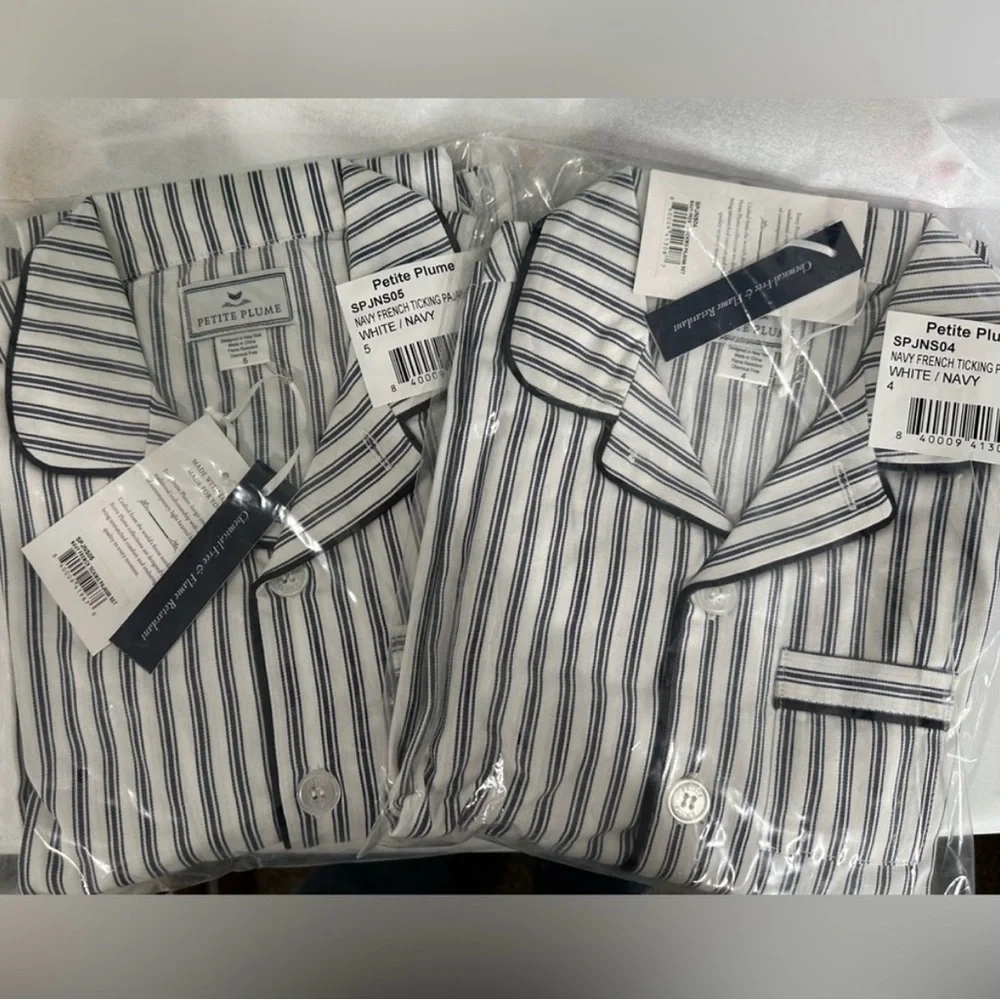 Petite Plume NWT 12-18 mo. Kid's Twill Pajama Set in Navy French Ticking NEW